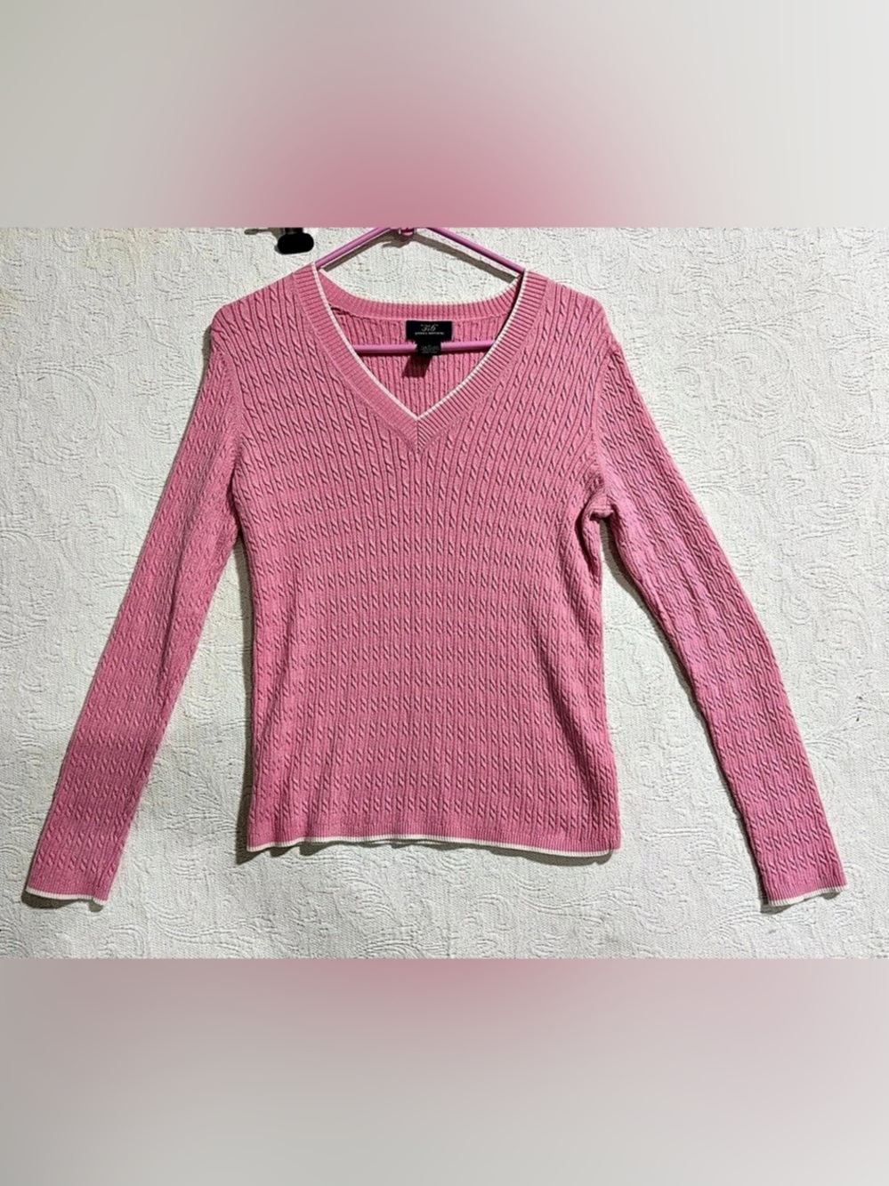 Brooks Brothers 346  Pink Cable Knit V-Neck Sweater Cashmere Blend Small